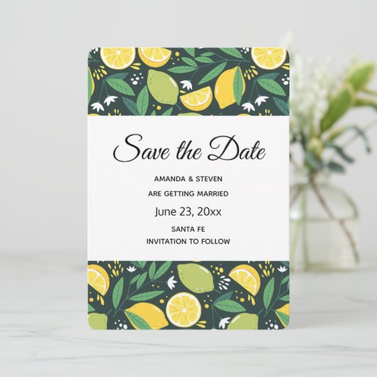 Geel lemon en groen Limoen fruitpatroon Save The Date (Staand voorkant)