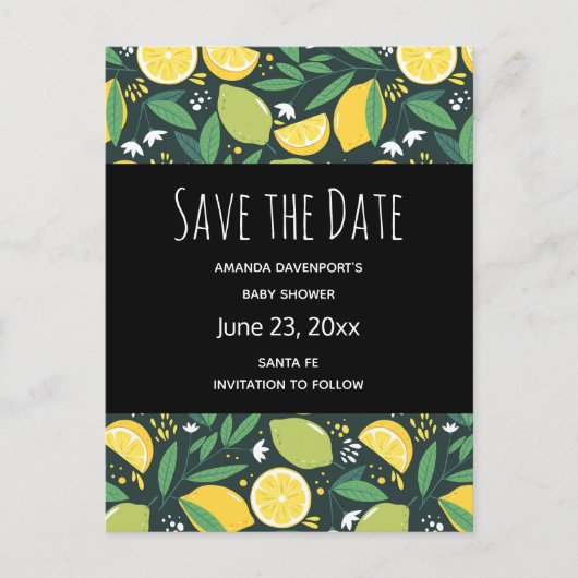 Geel lemon en Limoen fruitpatroon sparen de Datum Uitnodiging Briefkaart (Voorkant)