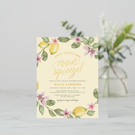 Geel | Lemon Wreath Main Squeeze Vrijgezellenfeest Folie Uitnodiging Briefkaart (Staand Voorkant)