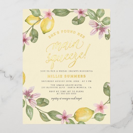 Geel | Lemon Wreath Main Squeeze Vrijgezellenfeest Folie Uitnodiging Briefkaart (Voorkant)