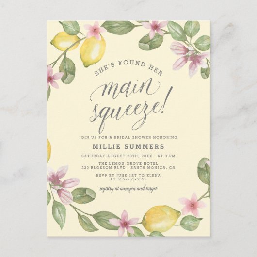 Geel | Lemon Wreath Main Squeeze Vrijgezellenfeest Uitnodiging Briefkaart (Voorkant)