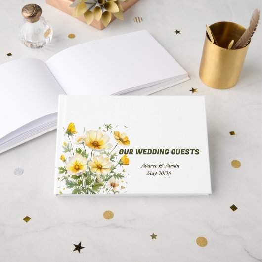 Geel Lentebloemen Bruiloft Gastenboek (Voorkant open)
