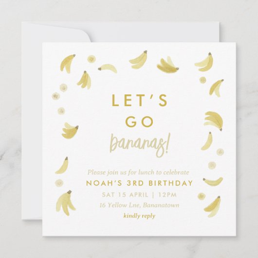 Geel Lets Go Bananen Verjaardag Banaan Party Thema Kaart (Voorkant)