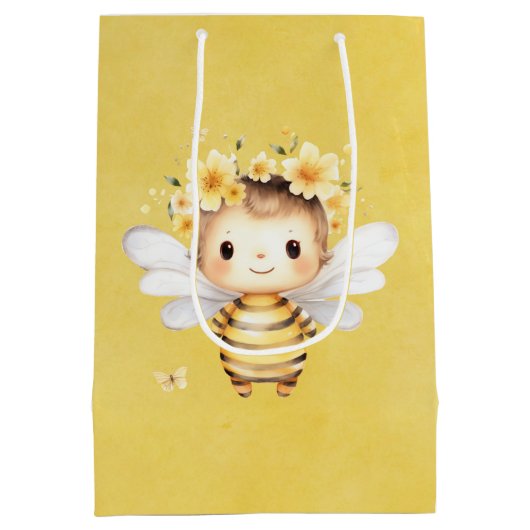 Geel Leuk Bijen Bloemen Baby shower Medium Cadeauzakje (Achterkant)