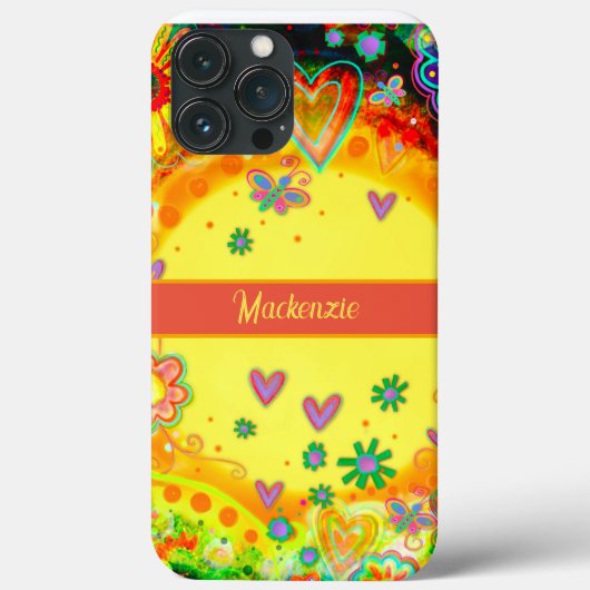 Geel Leuk Hart Bloemen Personaliseer Naam Case-Mate iPhone Case (Achterkant)