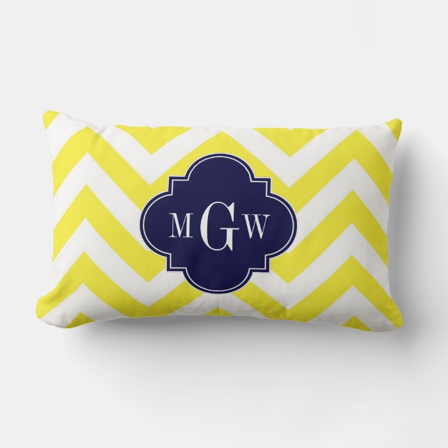 Geel Lg Chevron Marineblauw Quatrefoil 3 Monogram Kussen (Voorkant)