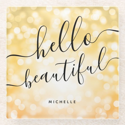 Geel licht "Hallo mooi" Onderzetter van glas (Voorkant)