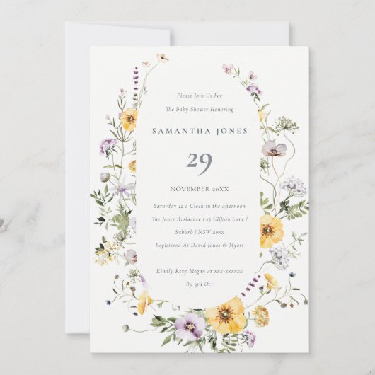 Geel Lila Baby shower van Lijst van wilde bloemen Bedankkaart (Voorkant)