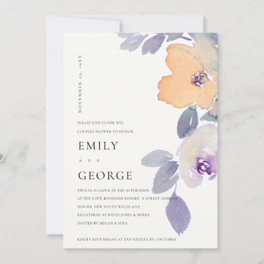 GEEL LILA PAARSE ROOS FLORAL COUPLE SHOWER KAART (Voorkant)