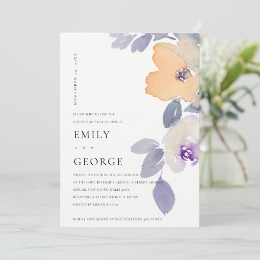 GEEL LILA PAARSE ROOS FLORAL COUPLE SHOWER KAART (Staand voorkant)