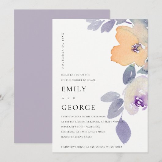 GEEL LILA PAARSE ROOS FLORAL COUPLE SHOWER KAART (Voorkant / Achterkant)