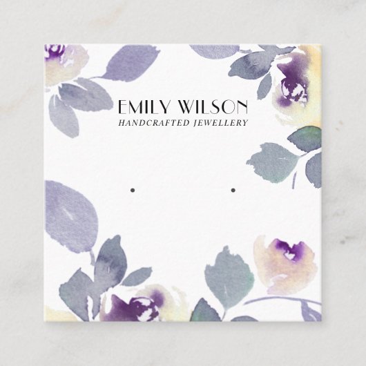 GEEL LILA ROOS FLORAL STUD EARRING DISPLAY VIERKANTE VISITEKAARTJE (Voorkant)