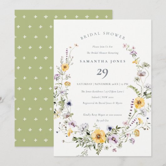 Geel Lila Wildbloem Vrijgezellenfeest Uitnodigen Bedankkaart (Voorkant / Achterkant)