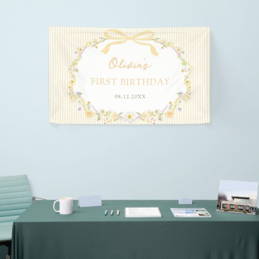 Geel lint bloem strepen verjaardag spandoek (Beurs)