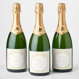 Geel Lint Bloem Strepen Verjaardag Sparkling Wijnetiket