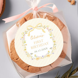 Geel lint bloem strepen verjaardagssticker ronde sticker