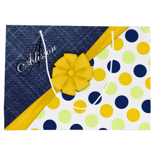 Geel lint, Jeans Fabric, Stippen Patroonmonogram Large Cadeautasje (Achterkant)