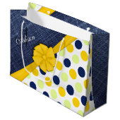 Geel lint, Jeans Fabric, Stippen Patroonmonogram Large Cadeautasje (Voorkant Gekanteld)