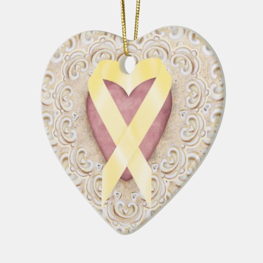 Geel lint voor kinderkanker uit het hart - SR Keramisch Ornament (Links)