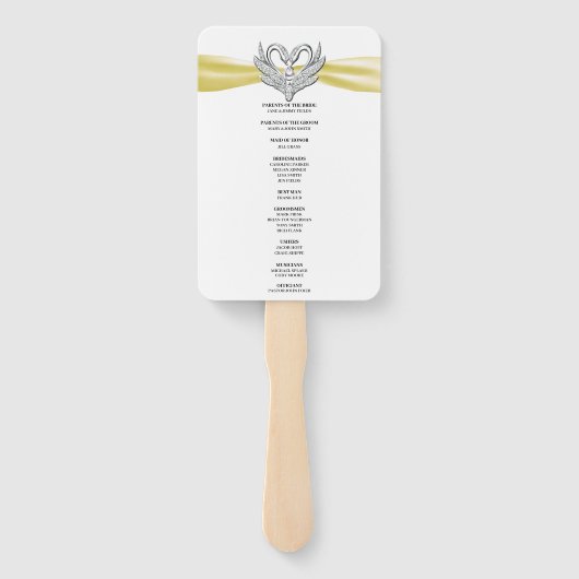 Geel lint zilveren zwaan bruiloft programma fans handwaaier (Achterkant)