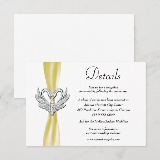 Geel lint zilveren zwanen bruiloft details informatiekaartje (Voorkant / Achterkant)