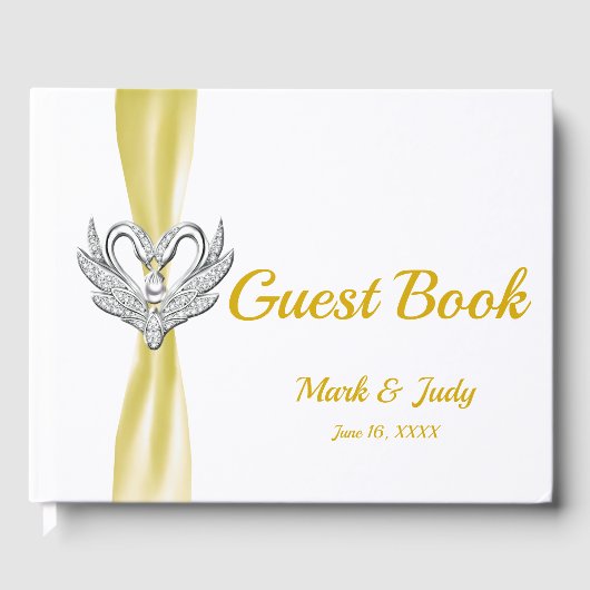 Geel lintje Silver Swans Wedding Guestbook Gastenboek (Voorkant)
