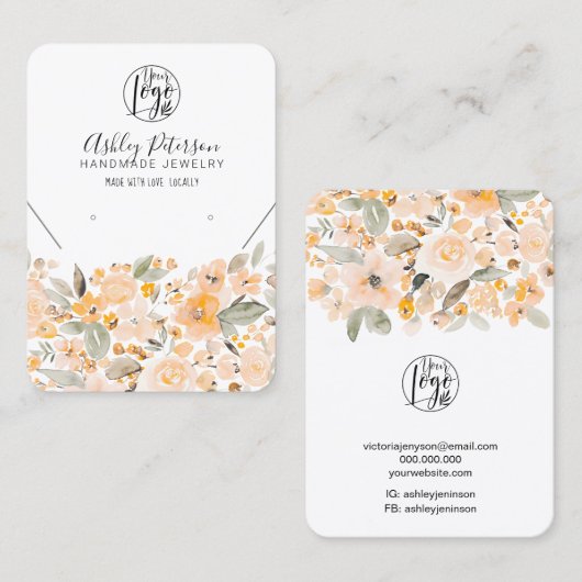 Geel logo sierjuwelen, met geelbloem, ketting visitekaartje (Voorkant / Achterkant)