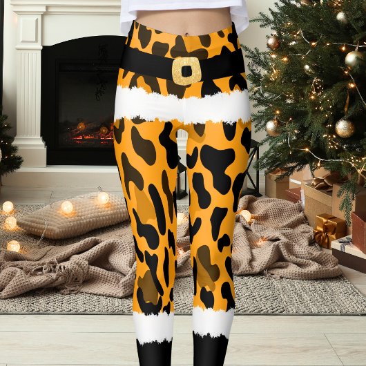 Geel Luipaard Print Kerstman Kostuum Kerstmis Leggings