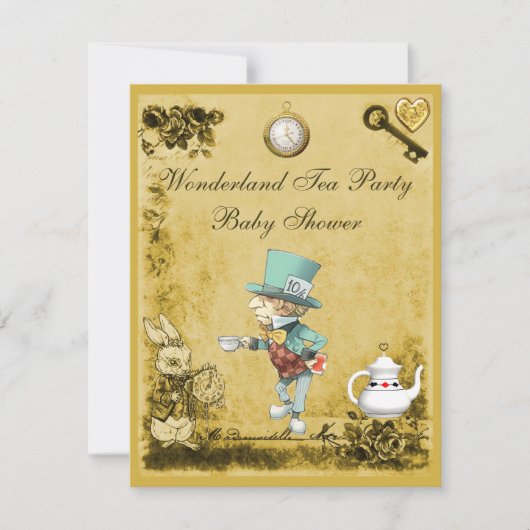 Geel Mad Hatter Wonderland Tea Party Baby shower Kaart (Voorkant)