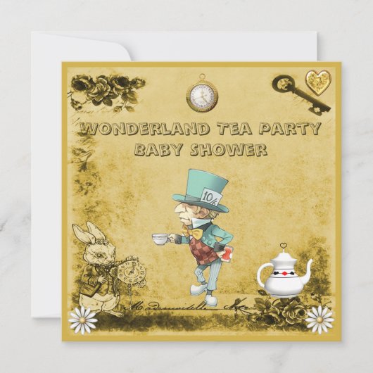 Geel Mad Hatter Wonderland Tea Party Baby shower Kaart (Voorkant)