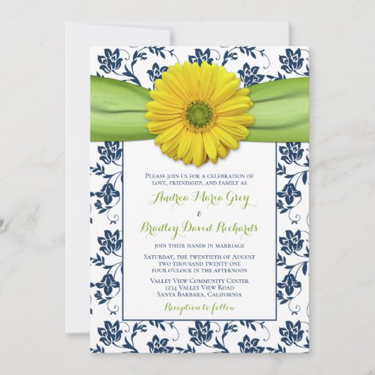 Geel, marine, Green Damask Wedding Invitation Kaart (Voorkant)