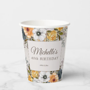 Geel Marineblauw Bloem Glitter 40e Verjaardag Naam Papieren Bekers