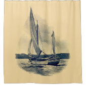 geel marineblauw zeilboot oud schilderij douchegordijn (Voorkant)