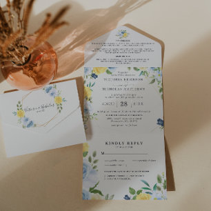 Geel & Marineblauw Zomerbloemen   Bruiloft All In One Uitnodiging