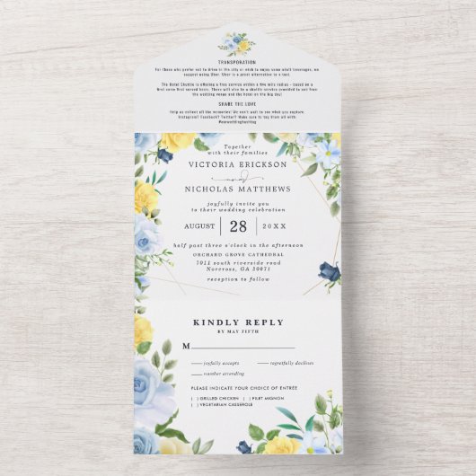 Geel & Marineblauw Zomerbloemen | Bruiloft All In One Uitnodiging (Binnen)