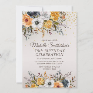 Geel Marineblauwe Bloem Glitter 75ste Verjaardag Kaart