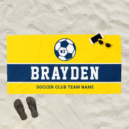 Geel marineblauwe voetbalspeler aangepaste naam strandlaken