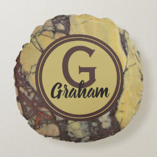 Geel marmerpatroon Monogram Familie Initiaal Rond Kussen