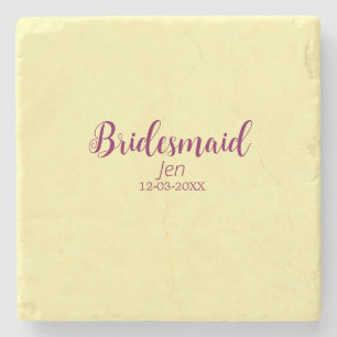 Geel maroon bruidsmeisje naam datum stijlvolle bru stenen onderzetter