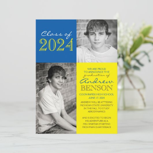 Geel & Med Blue 2 Foto Afstuderen Aankondiging (Staand voorkant)