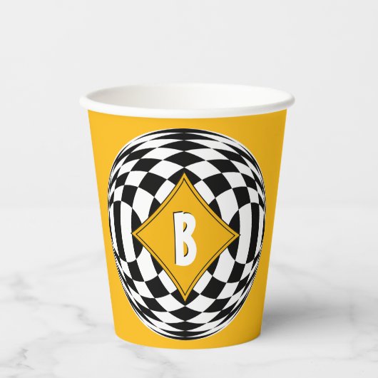 Geel Medaillon Over Zwart-Wit Diamanten Papieren Bekers (Voorkant)