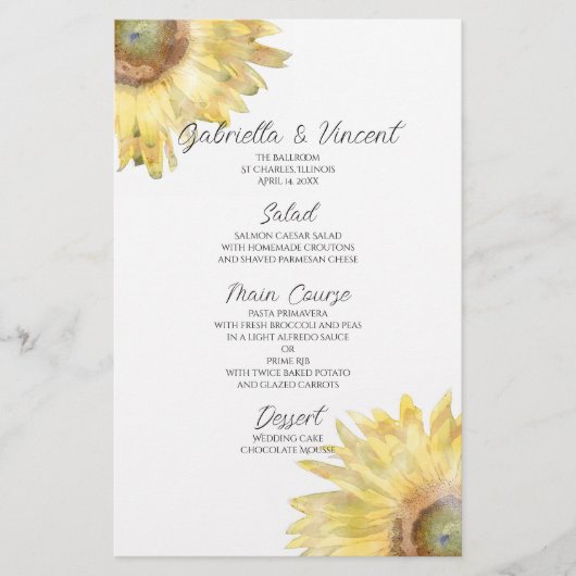 Geel menu Waterverf van zonnebloemen (Voorkant)