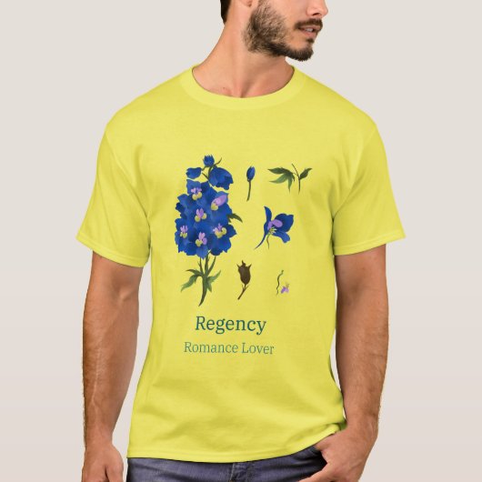 Geel met blauw bloemetjes tshirt voor romance read (Voorkant)
