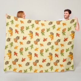 GEEL MET BRUINE & ORANJE HERFST EIKELS FLEECE DEKEN