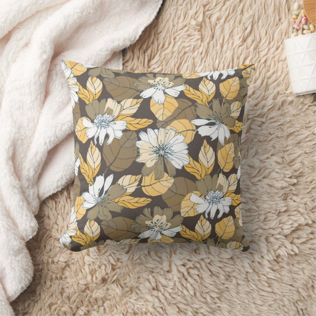 Geel  met de hand getekende houtbladeren kussen (Deken)