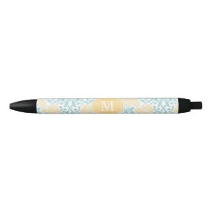 Geel met monogram en BloemenDamast Aqua Zwarte Inkt Pen