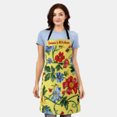 Geel met rode en blauwe bloemen schort (Gedragen)