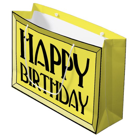 Geel met schuine rand Happy Birthday Art Deco Groot Cadeauzakje (Voorkant Gekanteld)