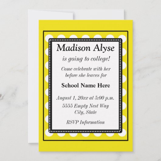Geel met witte Stippen van af naar college uitnodi Kaart (Voorkant)