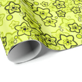 Geel met zwart helder neon bloemenpatroon cadeaupapier (Rol Hoek)